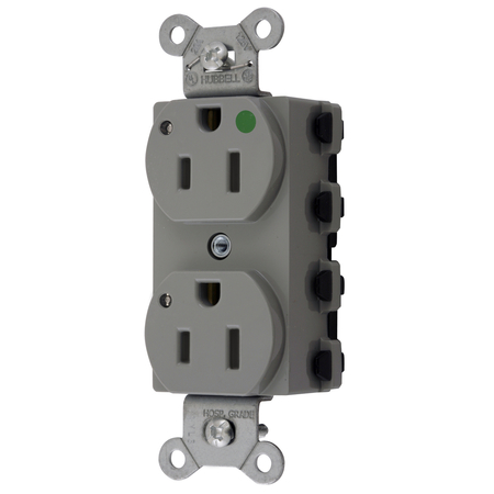 HUBBELL WIRING DEVICE-KELLEMS Straight Blade Devices, Receptacles, Duplex, SNAPConnect, Hospital Grade, LED Indicator, 15A 125V, 2-Pole 3-Wire Grounding, 5-15R, Nylon, Gray SNAP8200GYL